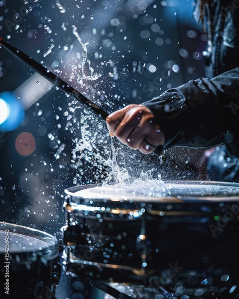 Fototapeta An energetic, dramatic action shot of a drummer with long, wet hair hitting a cymbal, causing a spectacular splash of water during a live concert performance