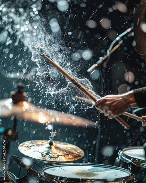 Fototapeta An energetic, dramatic action shot of a drummer with long, wet hair hitting a cymbal, causing a spectacular splash of water during a live concert performance