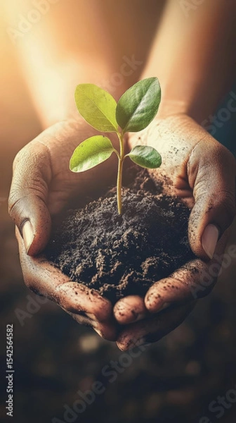Fototapeta Cupped hands gently hold rich soil nurturing a small green plant sprout, symbolizing new life, growth, hope, and environmental care