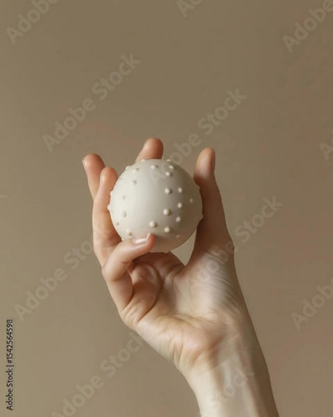 Fototapeta A close-up of a Black woman's beautifully manicured hands gently holding a textured stress ball, symbolizing self-care, relaxation, and mental wellness