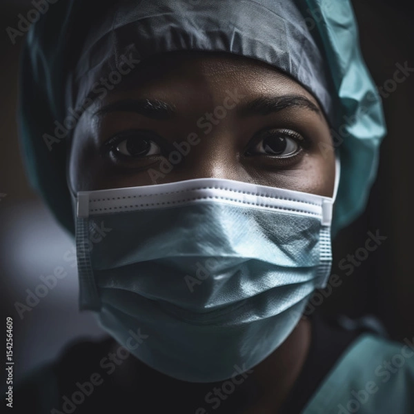 Fototapeta A powerful close-up portrait of a fatigued but determined healthcare worker, her intense eyes conveying resilience and dedication above her surgical mask