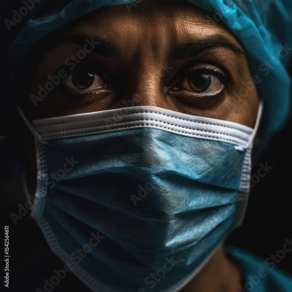 Fototapeta A powerful close-up portrait of a fatigued but determined healthcare worker, her intense eyes conveying resilience and dedication above her surgical mask