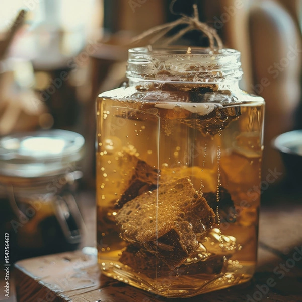 Fototapeta A close-up of a homemade fermentation process, with active bubbles rising in a golden liquid within a glass jar, creating a warm, artisanal feel