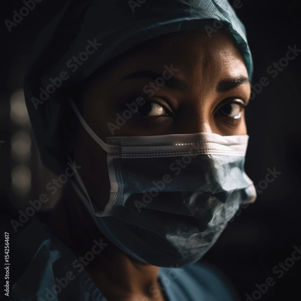 Fototapeta A powerful close-up portrait of a fatigued but determined healthcare worker, her intense eyes conveying resilience and dedication above her surgical mask