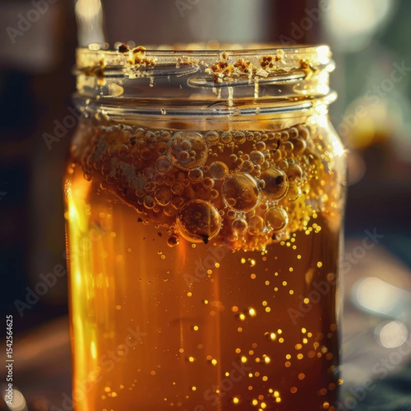 Fototapeta A close-up of a homemade fermentation process, with active bubbles rising in a golden liquid within a glass jar, creating a warm, artisanal feel