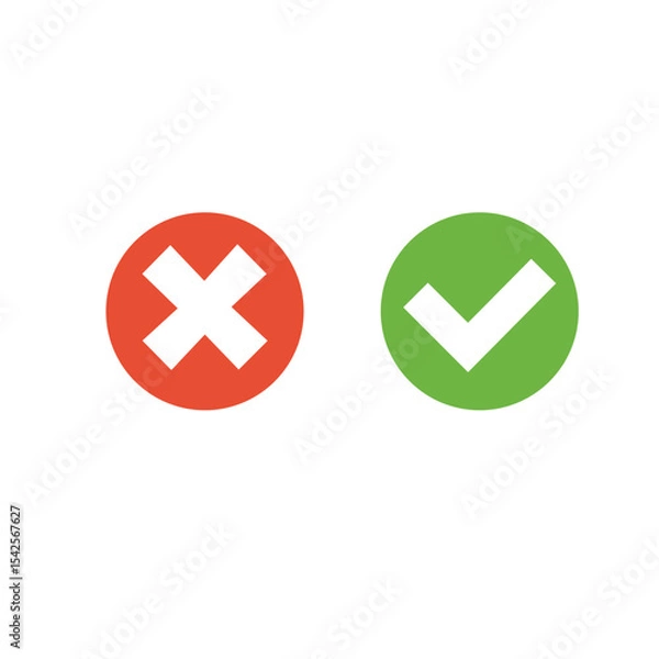 Fototapeta Vector illustration of red and green round buttons with cross and tick symbols. Accepted and denied. Yes and no.