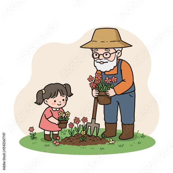 Obraz Grandpa planting with grandchild in garden during springtime  