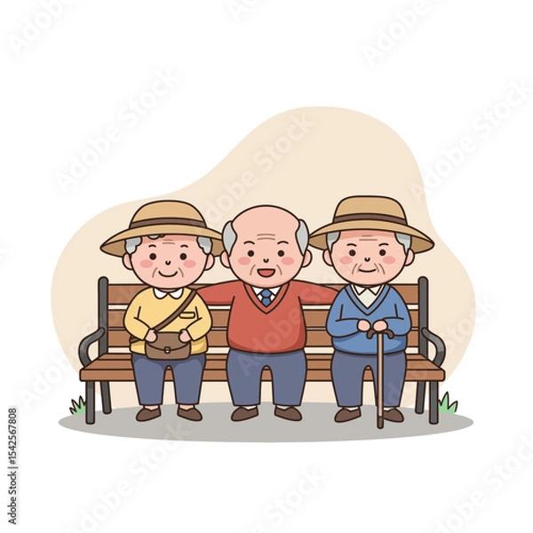 Obraz Three elderly friends sitting together on a park bench smiling  