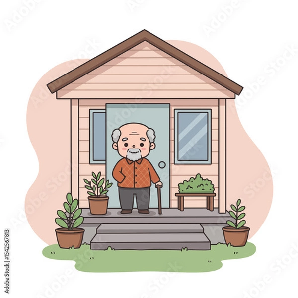 Obraz Senior man standing on porch with cane in front of house  