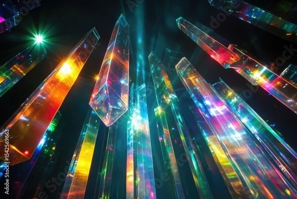 Fototapeta A mesmerizing view of iridescent crystals with gleaming reflections and vibrant lights creating a futuristic and abstract ambiance.