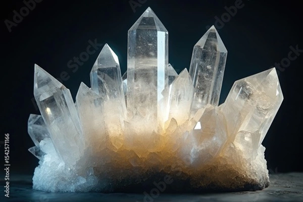 Fototapeta Cluster of clear quartz crystals with light illuminating them on a dark background.