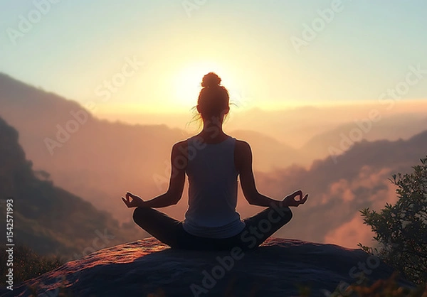 Fototapeta Silhouette of a person meditating in a serene mountain setting at sunrise