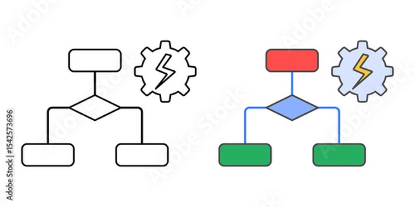 Obraz Automated workflow icon with a flowchart, gear, and lightning bolt, in outline and color styles, perfect for representing cloud-based process automation and task orchestration tools.