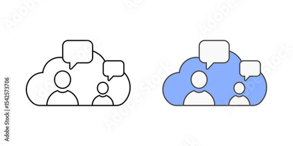 Fototapeta Team collaboration hub icon with user avatars, chat bubbles, and cloud, in outline and color styles, ideal for illustrating real-time communication and teamwork in cloud-based platforms.