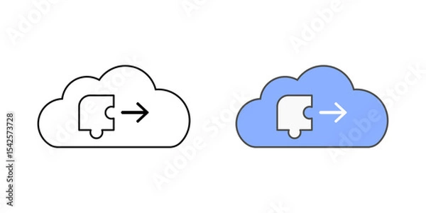 Obraz Third-party app integration icon with a puzzle piece, cloud, and arrow, in outline and color styles, ideal for illustrating cloud-based software integrations and connected SaaS ecosystems.
