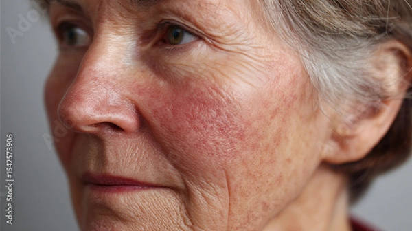 Obraz Close up of detailed cheek skin with rosacea papules and visible redness on older person face showing natural wrinkles and texture