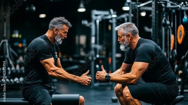 Fototapeta Two older men in a gym, seated, shaking hands, showing support and camaraderie
