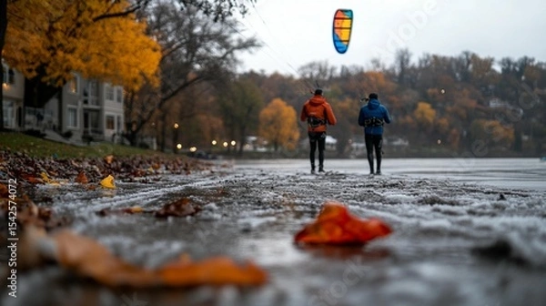 Fototapeta Two people walk along a muddy riverbank on a fall day, with colorful autumn leaves and a kite in the sky