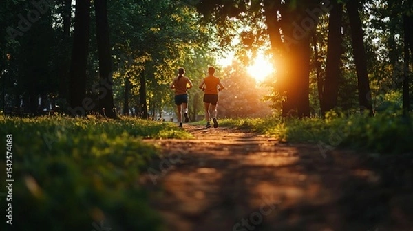 Fototapeta Two runners jogging through a sunlit forest path at sunset