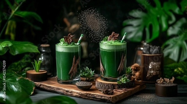 Fototapeta Two vibrant green smoothies, topped with a sprinkle of seeds, sit on a wooden platter amidst lush greenery