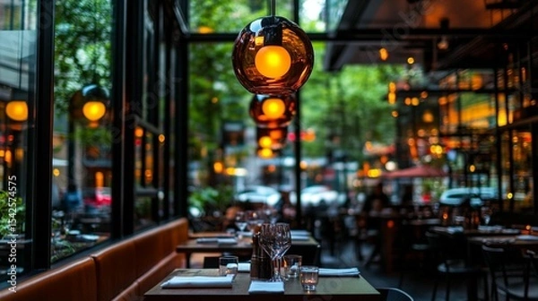 Fototapeta Urban eatery with warm, ambient lighting,  visible city street through large windows, and tables set for diners