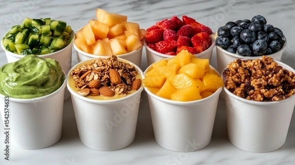Fototapeta Variety of healthy bowls with fruit, granola, and yogurt toppings. Colorful and refreshing smoothie bowls
