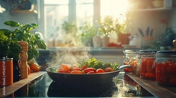 Fototapeta Vegetables steaming in a pan on a kitchen stove. Sunlight streams in through a window
