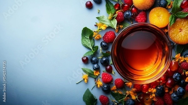 Fototapeta Vibrant array of fresh berries, peaches, and herbs surrounding a cup of tea on a light-gray surface.  Fresh, healthy,  delicious, vibrant, colorful, summery