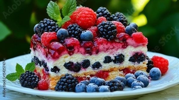 Fototapeta Vibrant berry cake slice, layered with cream cheese frosting and topped with fresh raspberries, blackberries, and blueberries