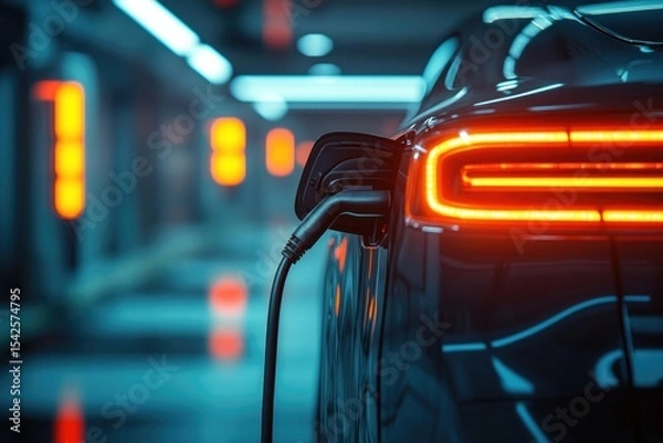 Fototapeta Electric car charging with a plug in futuristic setting, showcasing modern sustainable transportation.