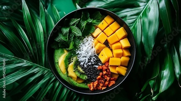 Fototapeta Vibrant bowl featuring mango, kiwi, avocado, and mint, topped with coconut flakes and sesame seeds.  Tropical fruit and healthy ingredients