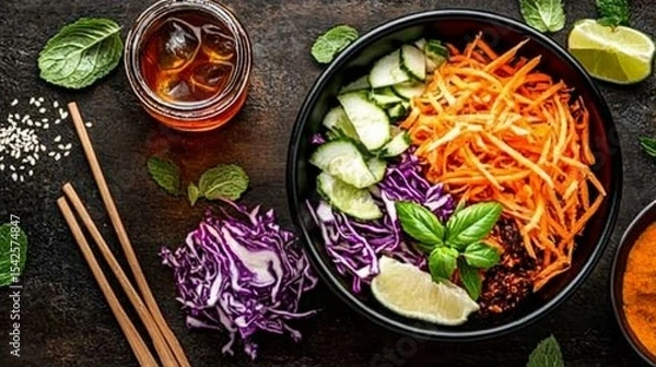 Fototapeta Vibrant bowl of mixed vegetables, including shredded carrots, cucumbers, and red cabbage, served with a light sauce.  Refreshing and healthy meal