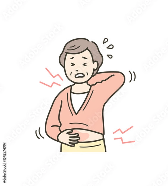 Fototapeta 身体中が痒く顔をしかめる高齢女性の上半身イラスト
