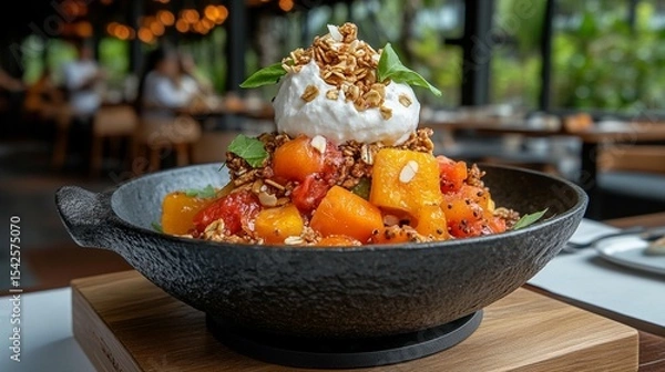 Fototapeta Vibrant fruit and granola parfait, topped with whipped cream and basil, served in a black bowl