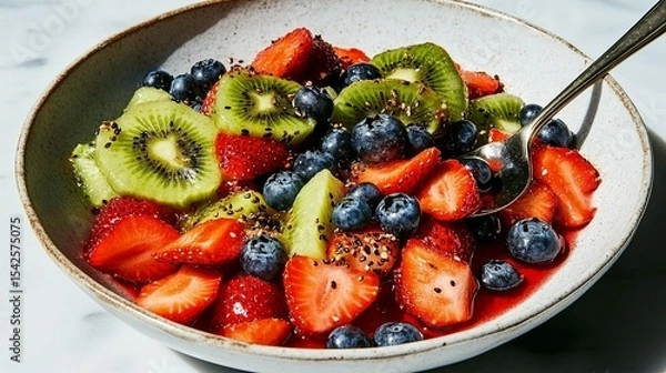 Fototapeta Vibrant fruit salad with strawberries, kiwi, blueberries, and a light dressing.  Sliced fruit, mixed, with a drizzle