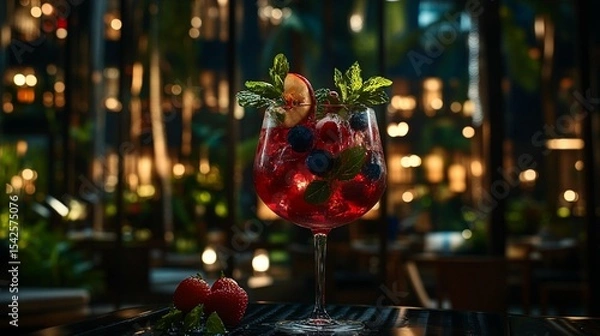 Fototapeta Vibrant fruit-infused cocktail, garnished with fresh berries and mint, presented in a glass, against a backdrop of tropical greenery and warm lighting