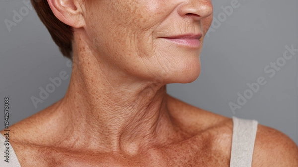 Obraz Closeup portrait of older woman freckled skin on her upper chest, neck, and lower face showing natural wrinkles and texture with calm expression