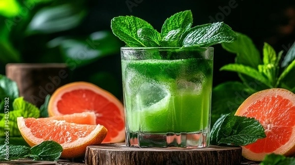 Fototapeta Vibrant green cocktail garnished with fresh mint and grapefruit slices, in a glass filled with ice