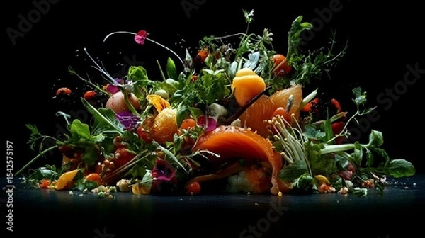 Fototapeta Vibrant medley of fresh produce and seafood, artistically arranged on a dark surface.  A colorful explosion of textures and colors, highlighting a variety of ingredients