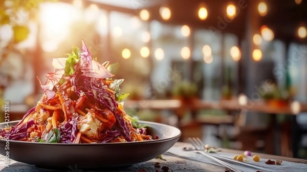 Fototapeta Vibrant, piled salad with shredded red cabbage, carrots, and greens, served outdoors