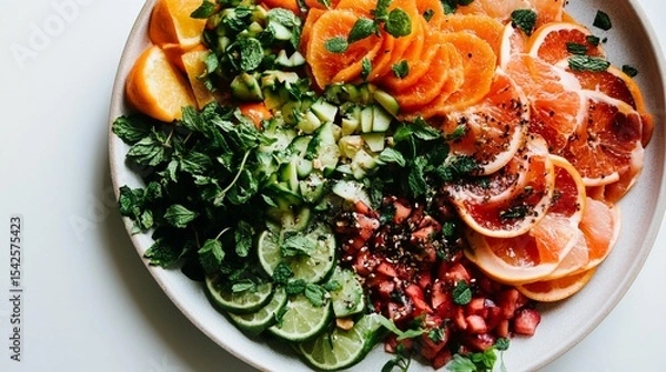 Fototapeta Vibrant citrus and cucumber salad with fresh herbs