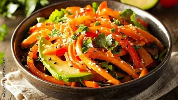 Fototapeta Vibrant, sliced bell peppers, avocado, and herbs tossed in a light dressing, garnished with sesame seeds