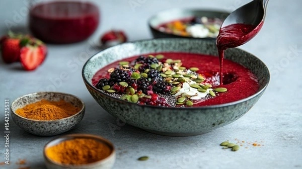 Fototapeta Vibrant smoothie bowl topped with berries, seeds, and yogurt.  A healthy and colorful breakfast or snack