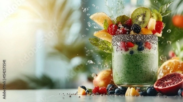 Fototapeta Vibrant smoothie overflowing with fresh fruit and chia seeds, splashing with water droplets.  A healthy, colorful drink
