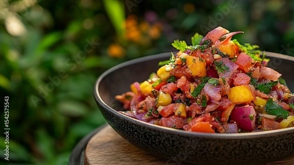 Fototapeta Vibrant tomato and mango salsa in a dark bowl, garnished with fresh herbs