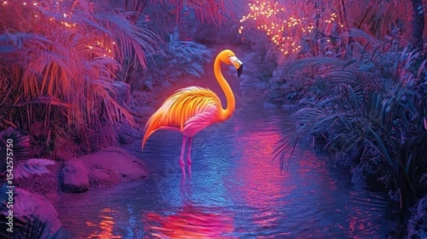 Obraz A neon yellow flamingo standing in a glowing river, with radiant neon vegetation all around. 