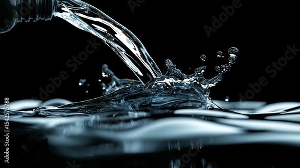 Fototapeta Water pouring from a bottle, creating a splash and ripples on the surface