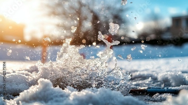 Fototapeta Water splashing on snow in sunlight.  A frozen scene with crystal clear water droplets and snowflakes