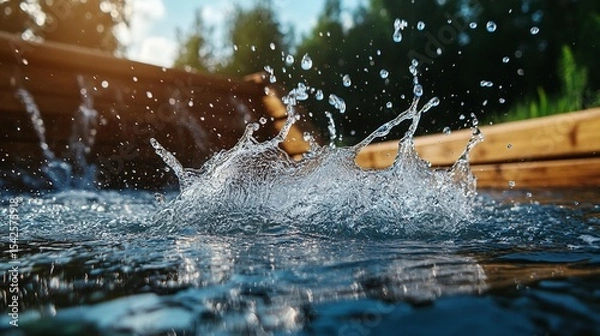 Fototapeta Water splashing in a body of water near wooden structures.  Close-up view of water droplets and ripples