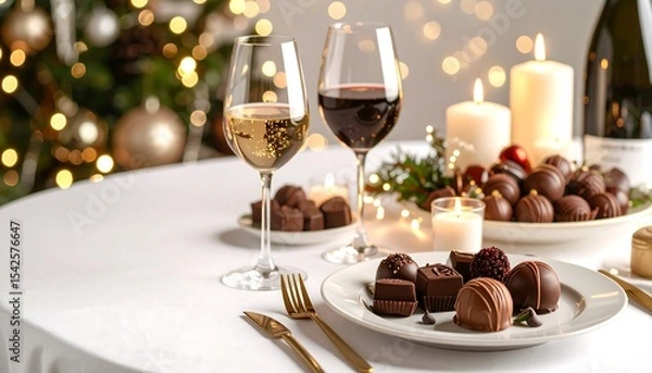 Fototapeta A romantic holiday table is set with red and white wine, assorted chocolates, and candles, with a sparkling Christmas tree behind.